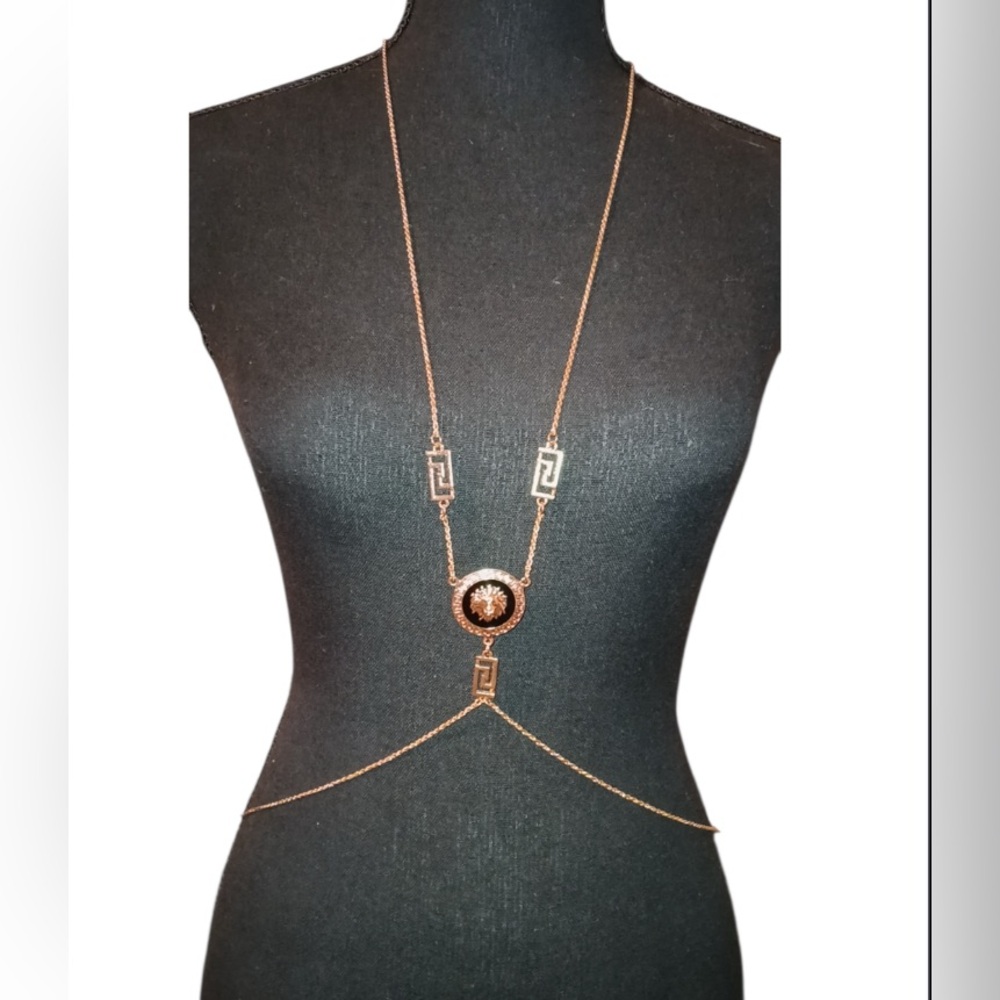 Elegant Gold Tone Lions Head Body Chain, Necklace Belly Chain Combo Jewelry